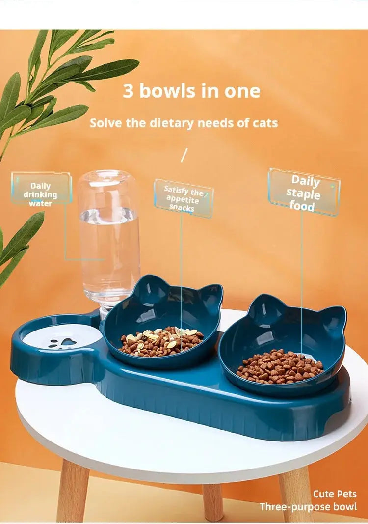 Pet Bowls With Water Feeder, 3 In 1 Ear Design Tilted Cat Water And Food Bowl Set With Gravity Water Bottle For Neck Protection - Nova Trendz