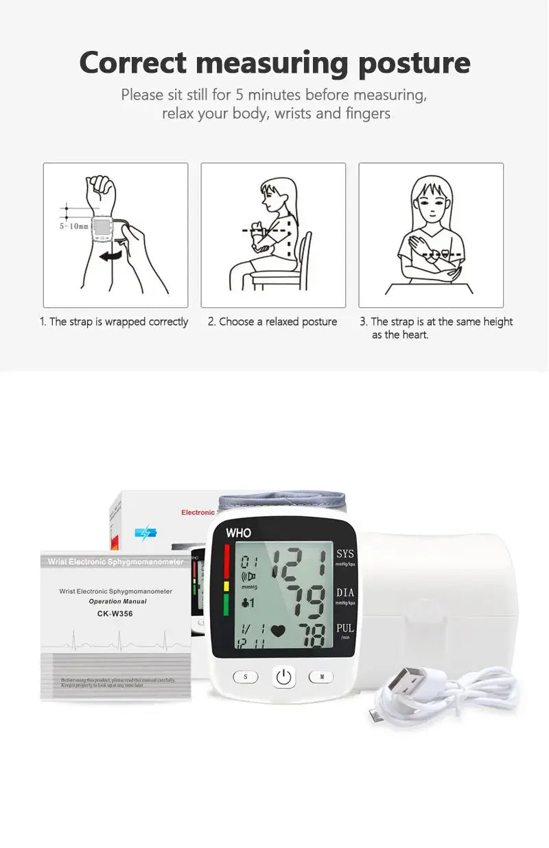 Digital Blood Pressure Monitor Wrist Tensiometer Electronic Sphygmomanometer  Tonometer with LCD, 2 X 90 Memory Rechargeable Nova Trendz