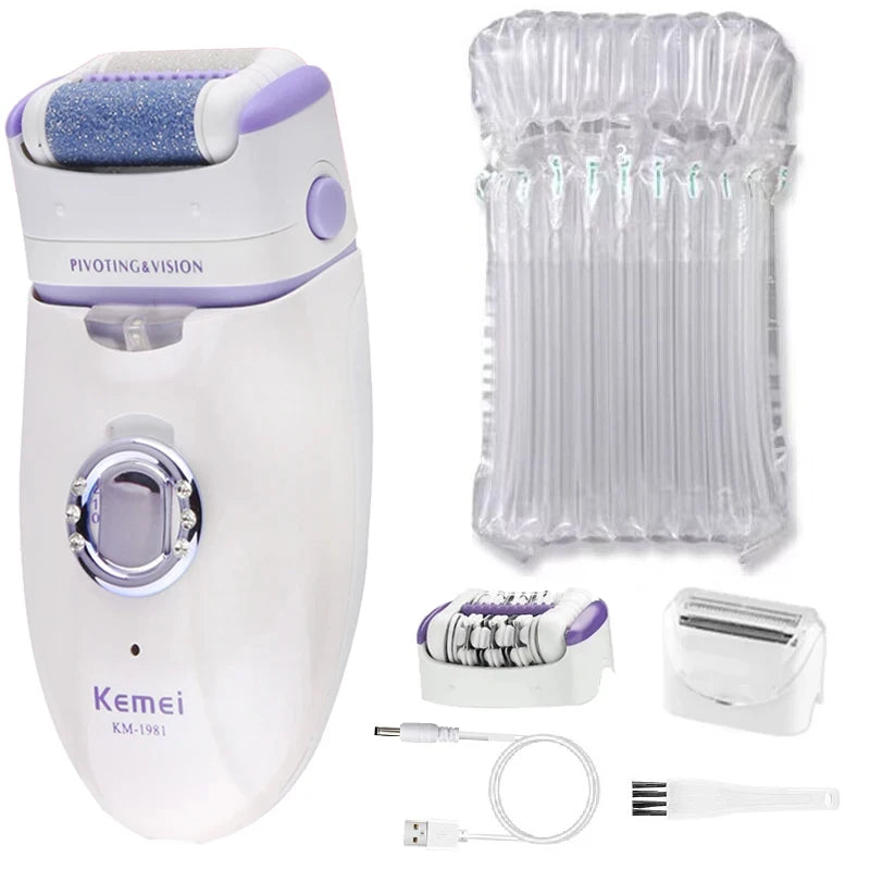 Kemei 3in1 Women Epilator Electric Shaver Facial Body Hair Removal Lady Leg Bikini Trimmer Hair Remover Underarms Rechargeable