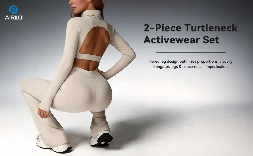 Women's Turtleneck Long Sleeve Yoga Set Back Cutout Flare Pants with Removable Pads Tummy Control Butt Lifting Gym Outfit Nova Trendz