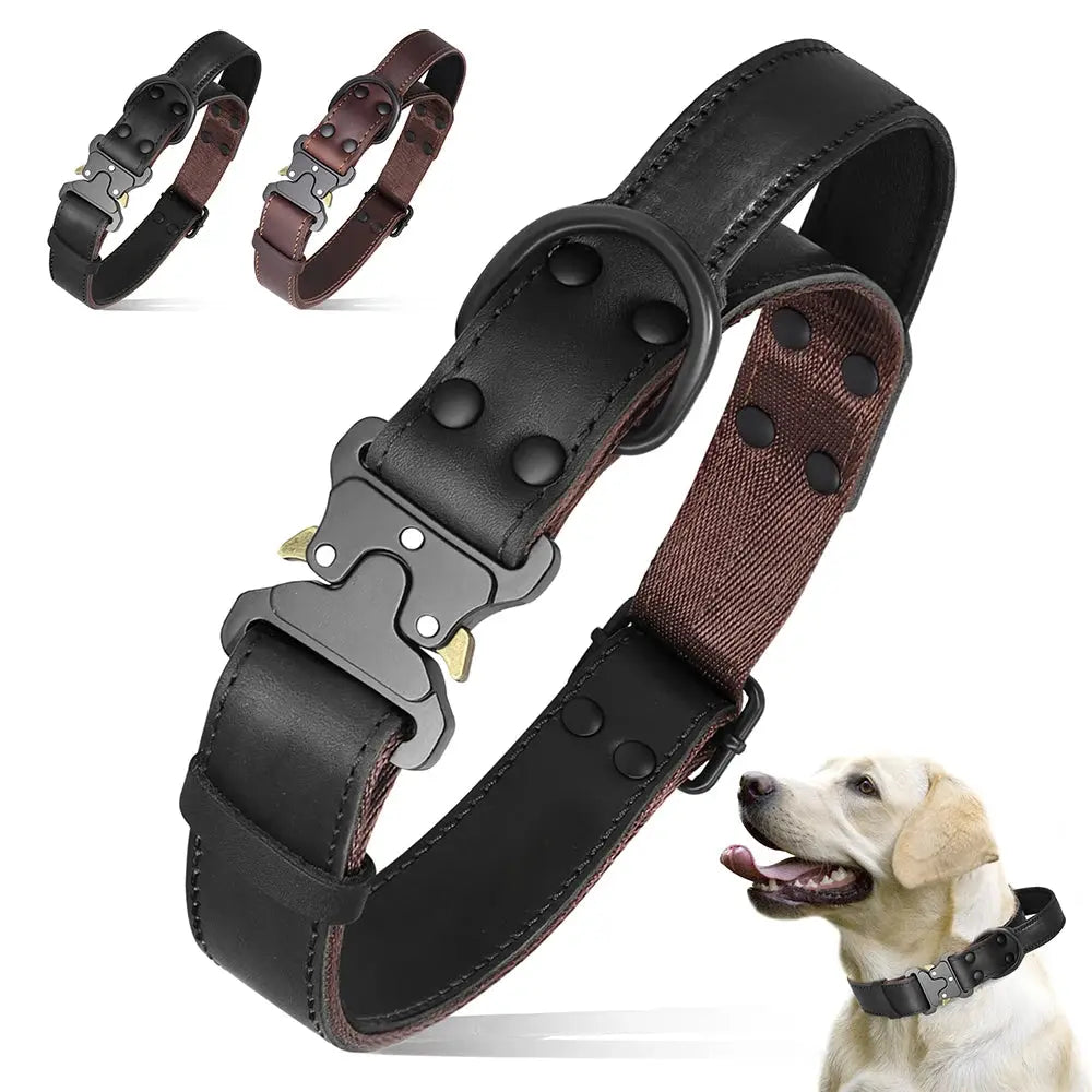 Real Leather Dog Collar With Handle Tactical Military Dog Leather Collar For Medium Large Dogs German Shepherd Training Hunting - Nova Trendz