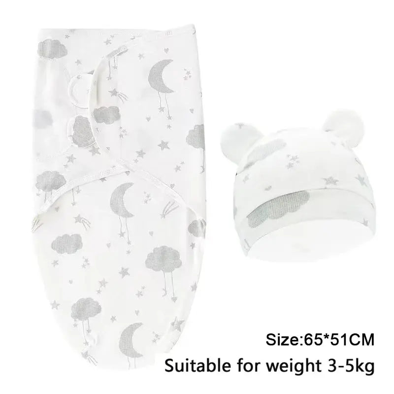 Baby Blanket Hat Set Cartoon Printed Cotton Newborn Swaddle Adjustable Infant Sleeping Swaddle Wraps All Seasons 0-6 Months - Nova Trendz