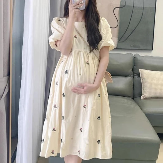 Pregnacy Dress Bowknot Dress Loose Women Bubble Sleeves Chiffon Small Flower Printing Maternity Clothing Pregnant Woman Clothes