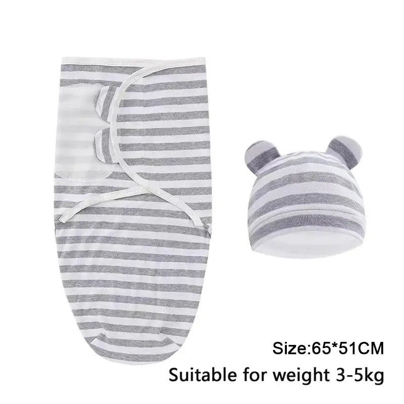 Baby Blanket Hat Set Cartoon Printed Cotton Newborn Swaddle Adjustable Infant Sleeping Swaddle Wraps All Seasons 0-6 Months - Nova Trendz