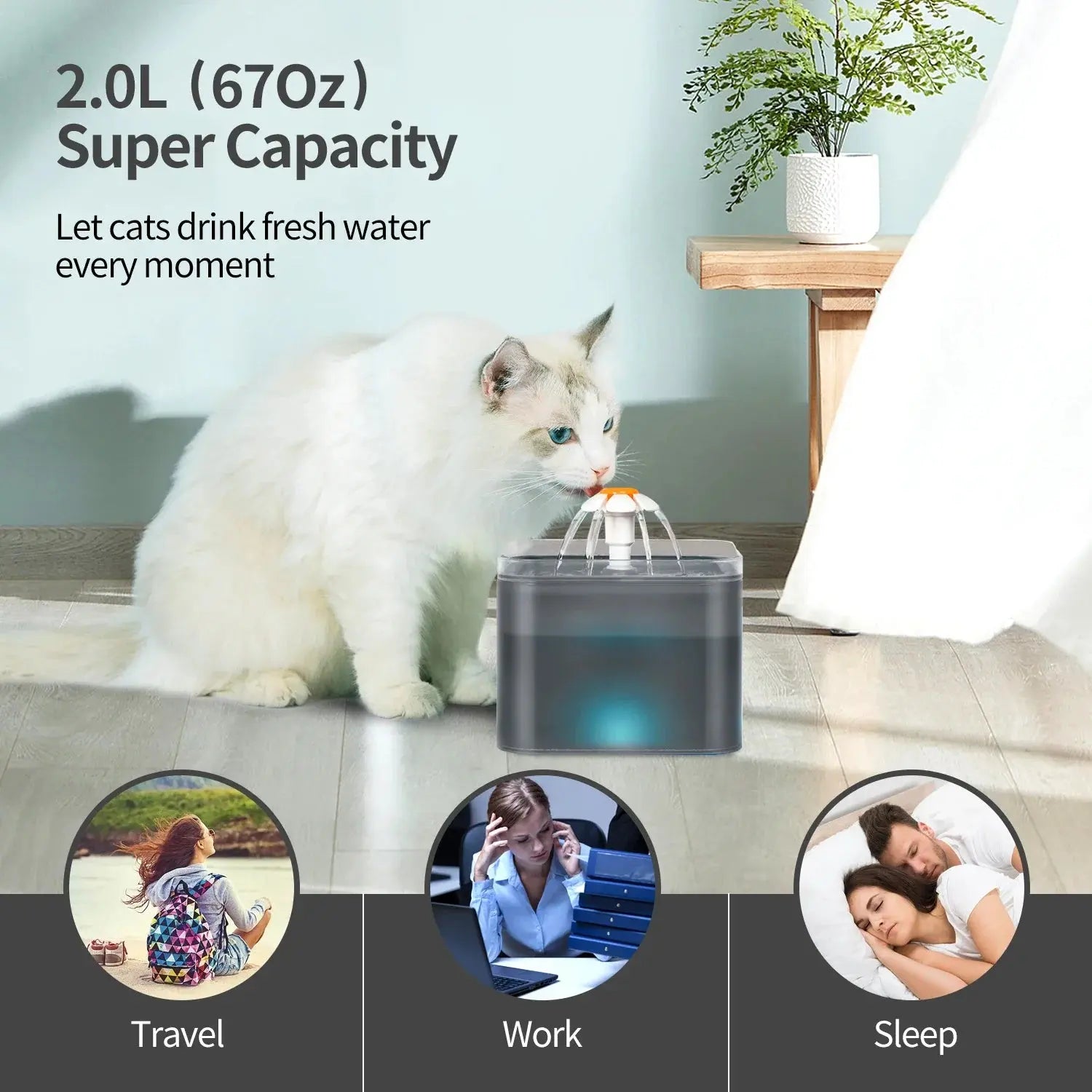 Ultra Silent Pet Fountain 67oz/2L with LED Lighting Activated Carbon Filter Water Dispenser Mute Drinker for Cats Small Dogs Nova Trendz