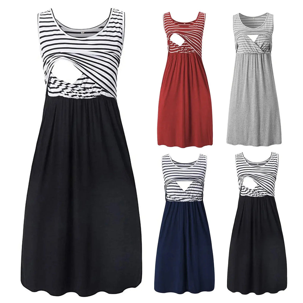 Women's Pregnancy Sleeveless Nursing Dress Maternity Dress Breastfeeding Clothes Summer Maternity Sleepwear Pregnancy Dresses Nova Trendz