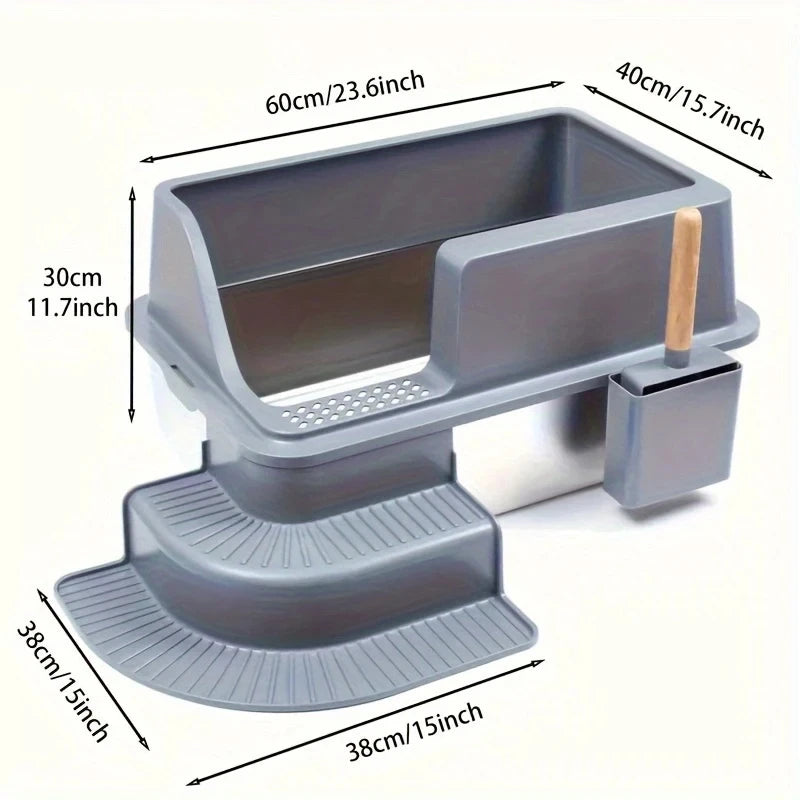 Extra Large 20L Stainless Steel Cat Litter Box With Stair Foot Pad Splash-Proof Easy To Clean Odorless Toilet Cat Litter Box