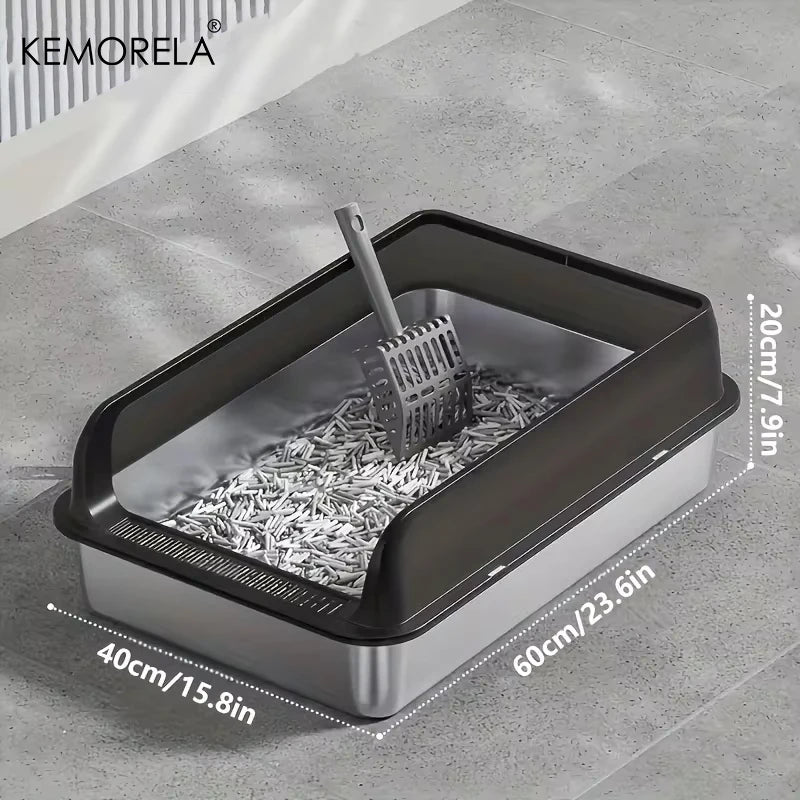 KEMORELA 1PC Stainless Steel Cat Bedpans Thickening Semi-enclosed High Side With Lid Litter Scoop Splashproof Open Litter Box