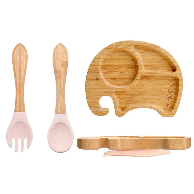 3Pcs Baby Bamboo Plate Silicone Suction Kids Wooden Feeding Tableware Non-slip Dinnerware Baby Tableware for Baby Birthday Gift Nova Trendz