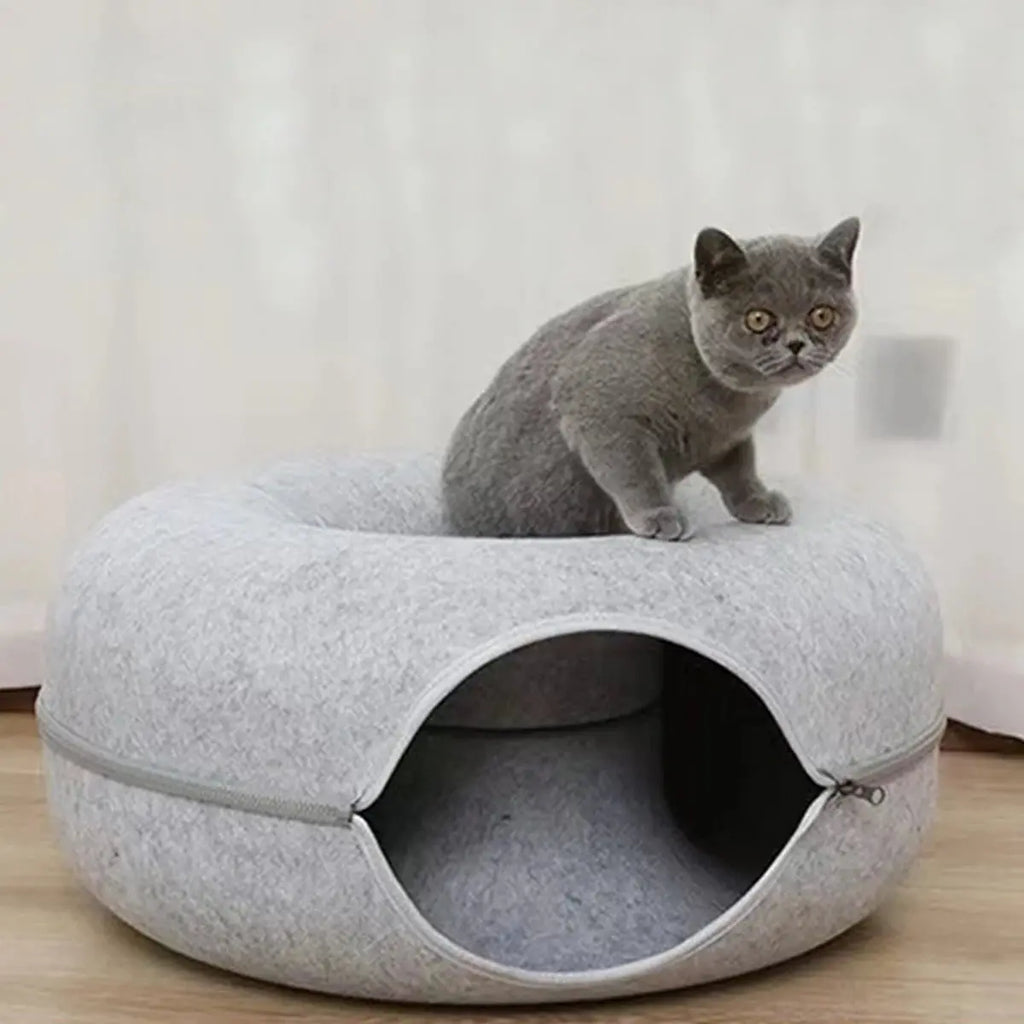 Felt Donut Bed for Cats House With Breather Hole Dog Bed Interactive Play Toys for Cats to Hide 2 in 1 Tunnel for Cats Bed - Nova Trendz