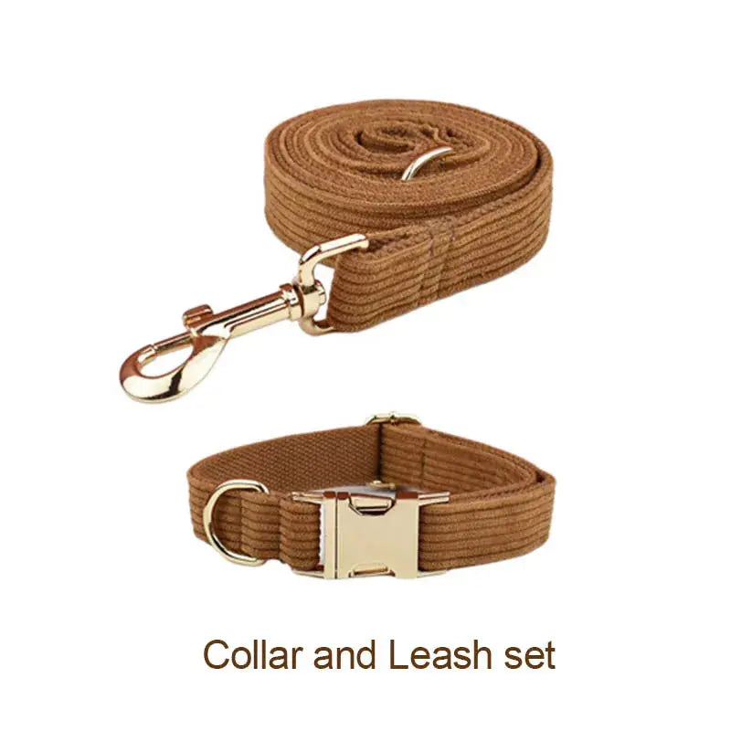 Caramel Corduroy Dog Collar And Leash Set For Dogs Custom Engraved Nameplate Pet Supplies Dog Leash Corduroy01 - Nova Trendz