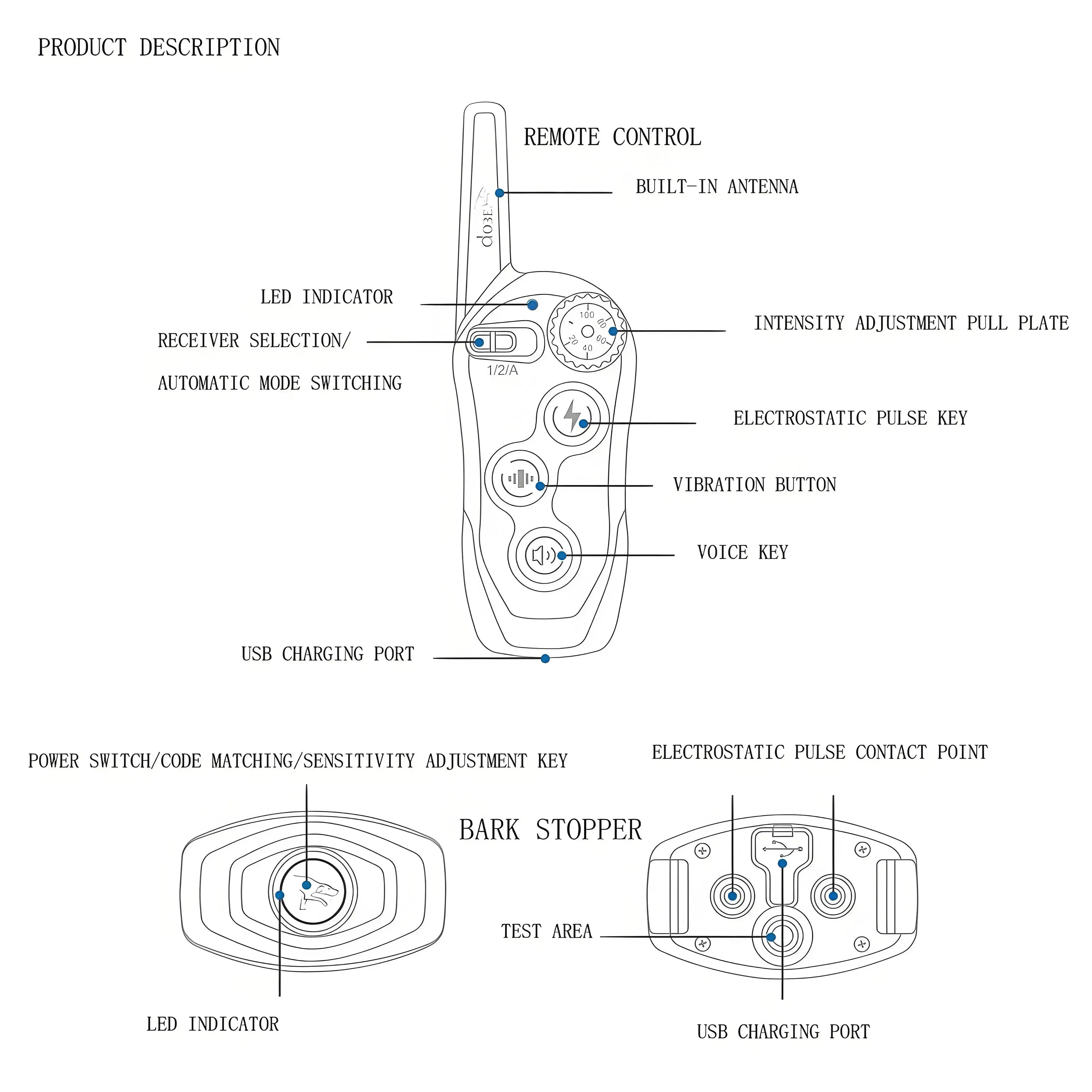 Dog Training Collar/Auto-barking Stopper 2 in 1 Function 500m Remote Control Range Waterproof Pet Electric Collar For Most Dogs - Nova Trendz