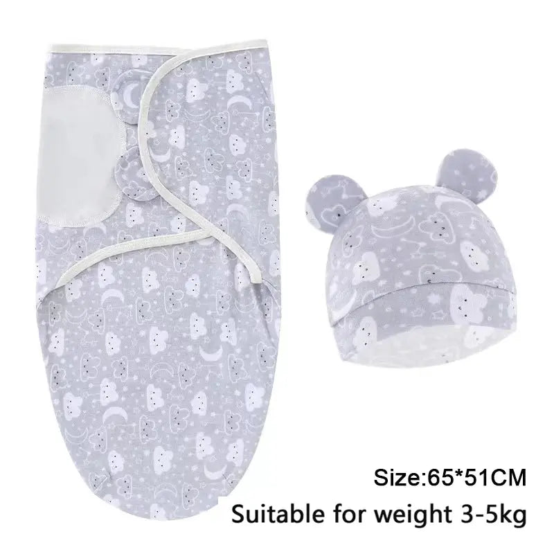 Baby Blanket Hat Set Cartoon Printed Cotton Newborn Swaddle Adjustable Infant Sleeping Swaddle Wraps All Seasons 0-6 Months - Nova Trendz