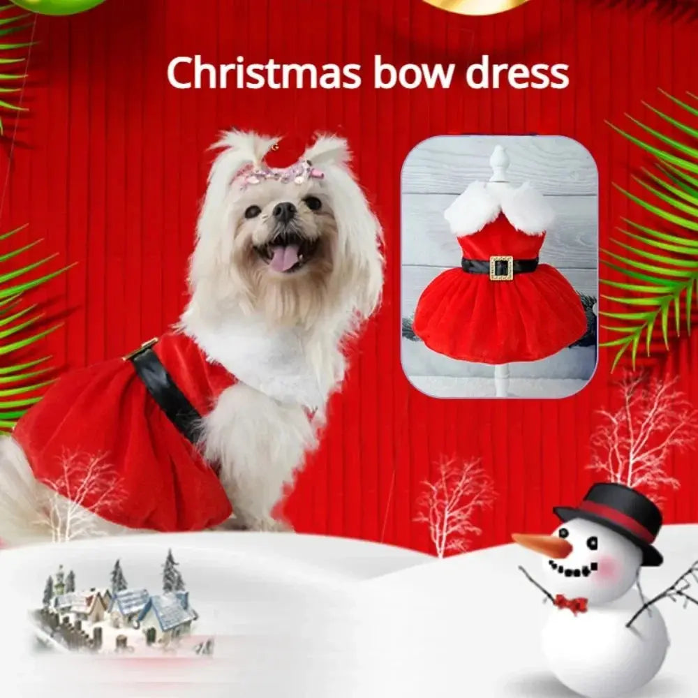 Pet Christmas Clothing Dog Cat Red Dress Warm Bow Frock Golden Velvet Fabric Santa Claus Clothes Dogs Cats Garment Pets Supplies - Nova Trendz