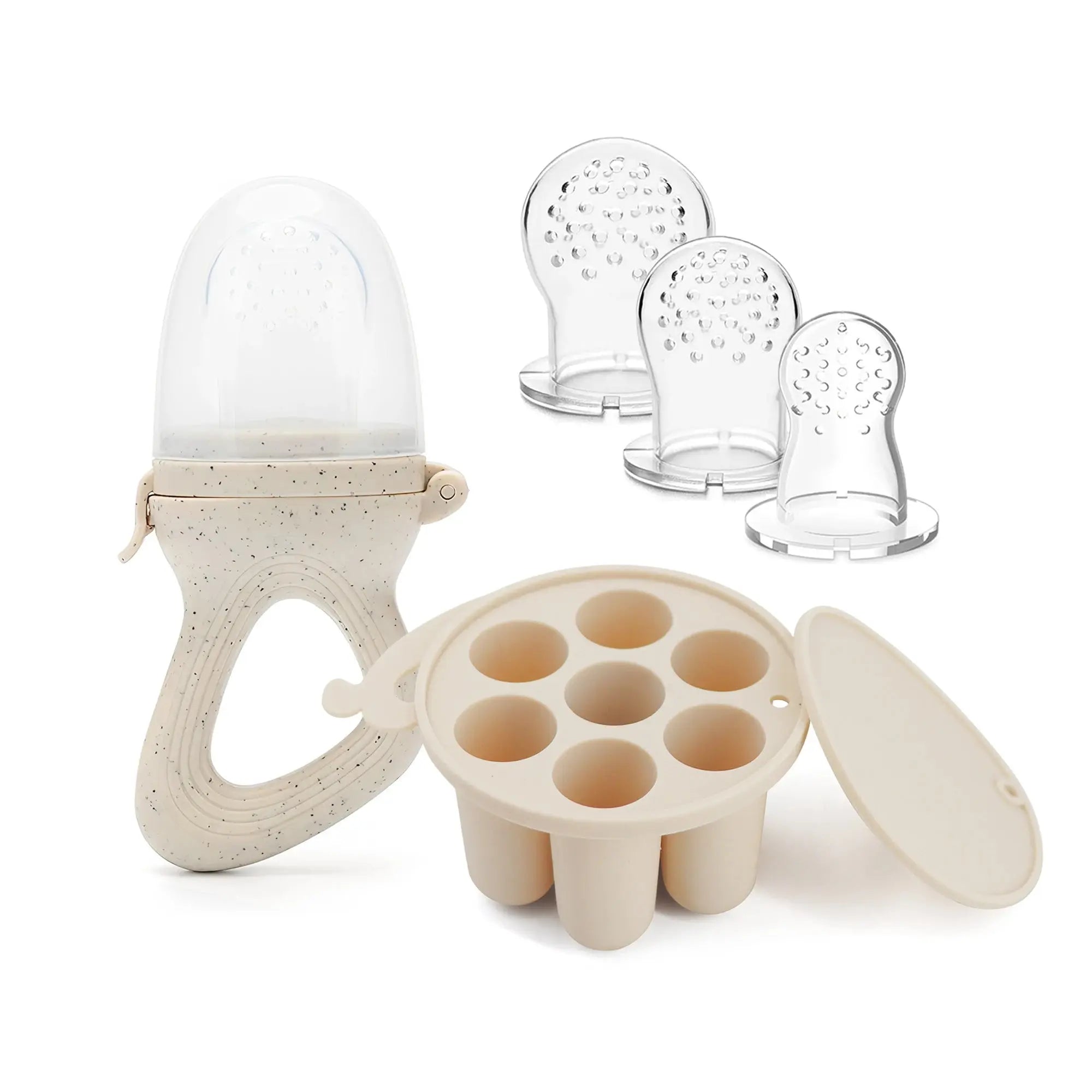 Baby Fruit Feeder Teether Pacifier with Baby Food Freezer Tray Set Silicone Freezable Teether for Fruit Purees Self Feeding Nova Trendz