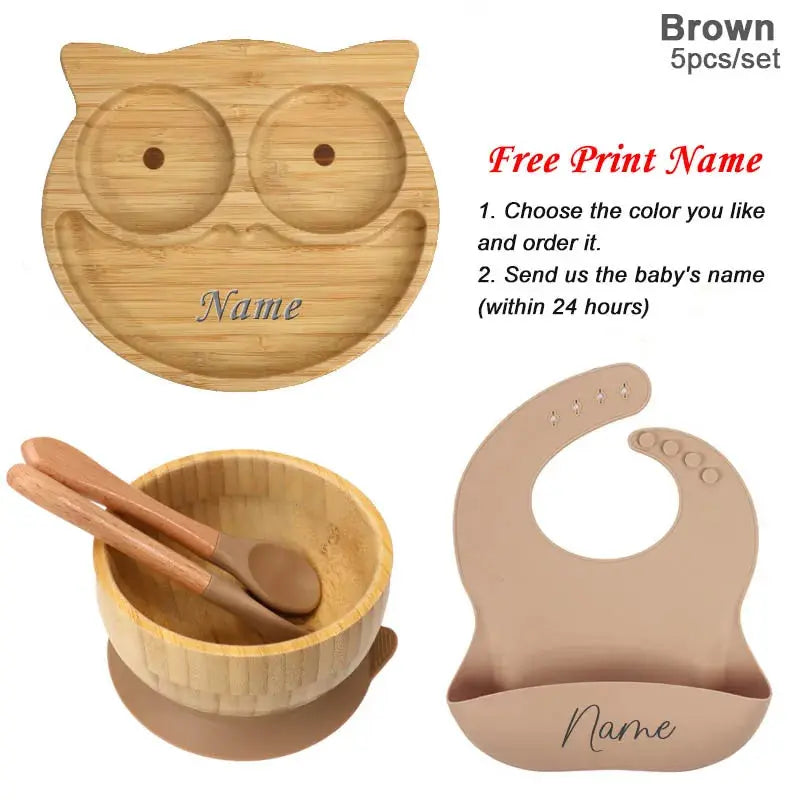 5Pcs Bamboo Bowl Plate For Kid Personalized Name Baby Feeding Set Bamboo Tableware Owl Plate Bowl With Spoon Silicone Baby Stuff Nova Trendz