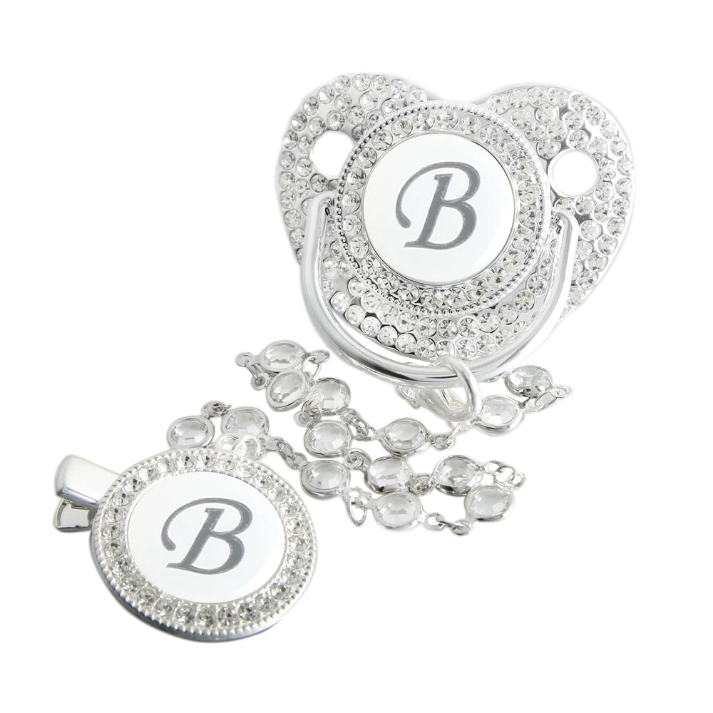 Initial Letter Siliver Baby Pacifier With Colorful Gem BPA Free Luxury Silver Dummy Soother Chupeta Weaning Pacifier