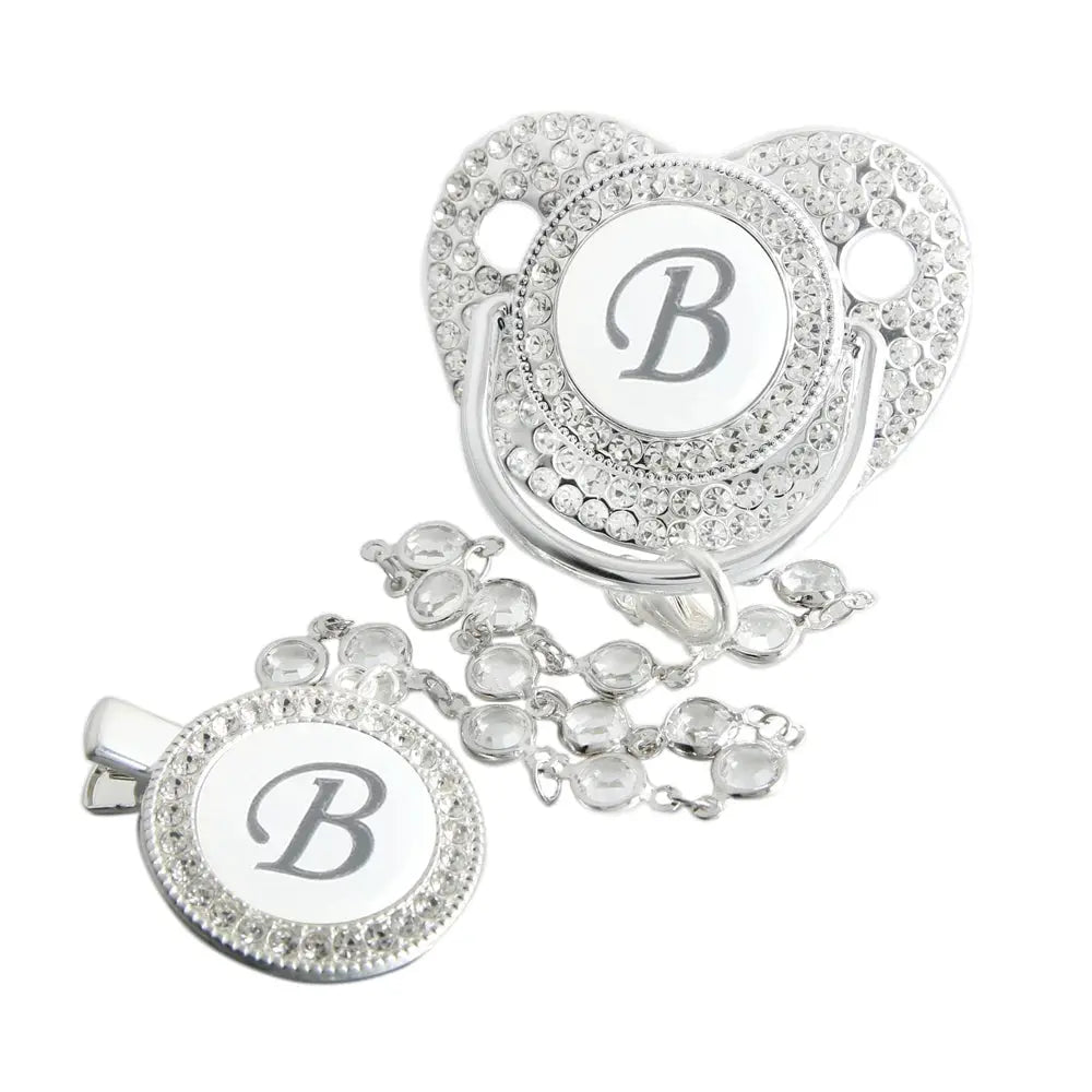 Initial Letter Siliver Baby Pacifier With Colorful Gem BPA Free Luxury Silver Dummy Soother Chupeta Weaning Pacifier Nova Trendz