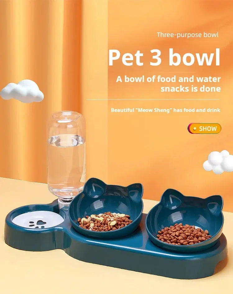 Pet Bowls With Water Feeder, 3 In 1 Ear Design Tilted Cat Water And Food Bowl Set With Gravity Water Bottle For Neck Protection - Nova Trendz