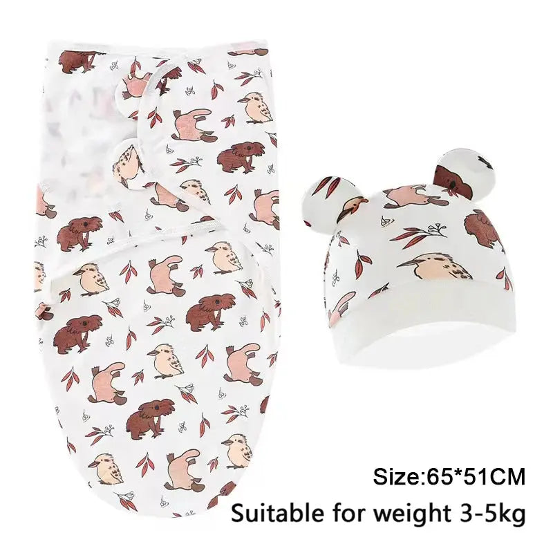 Baby Blanket Hat Set Cartoon Printed Cotton Newborn Swaddle Adjustable Infant Sleeping Swaddle Wraps All Seasons 0-6 Months - Nova Trendz