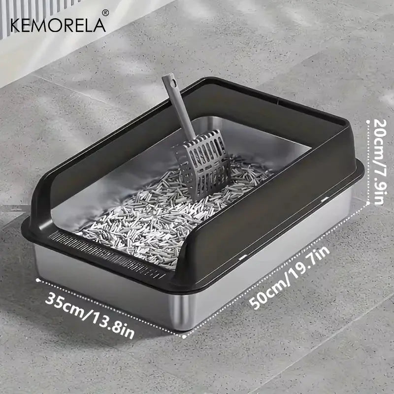 KEMORELA 1PC Stainless Steel Cat Bedpans Thickening Semi-enclosed High Side With Lid Litter Scoop Splashproof Open Litter Box Nova Trendz