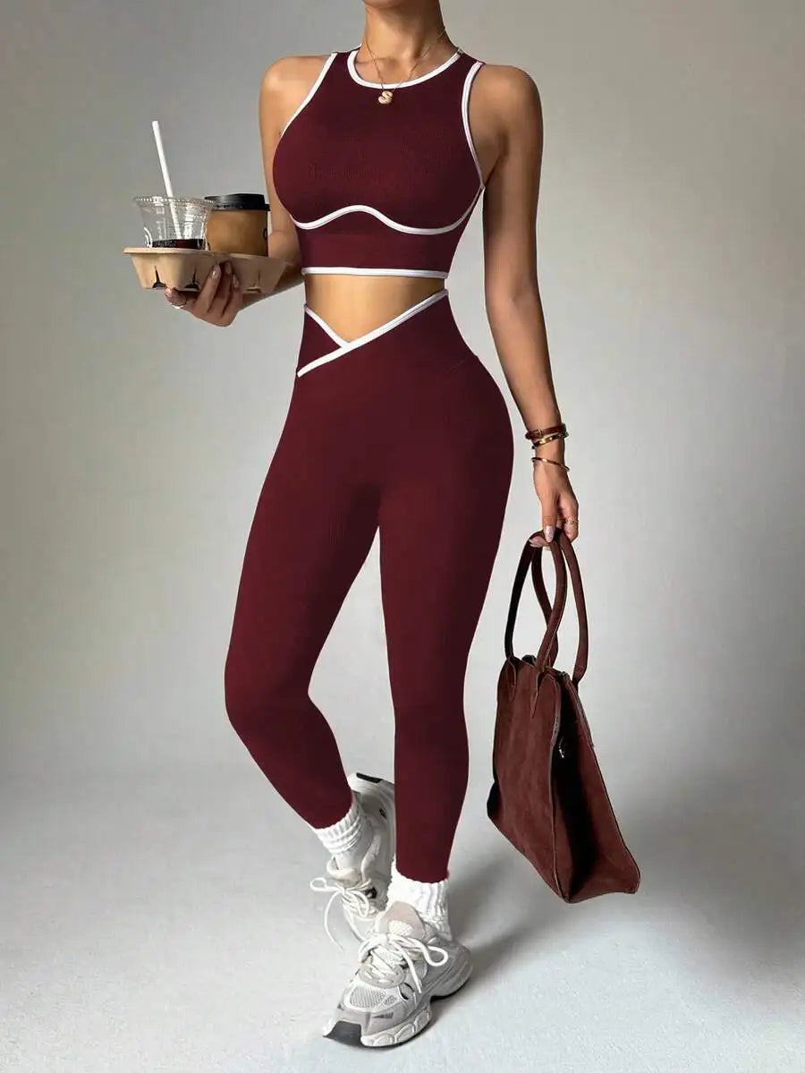 Contrast Trim Hollow Back Camisole And Leggings 2 Piece Sports Suit Breathable Slim Fitness Yoga Workout Tracksuit For Women Nova Trendz