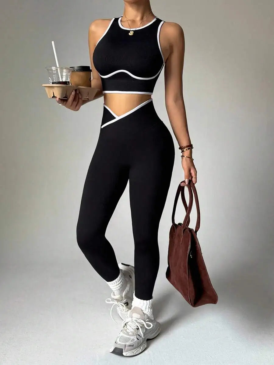 Contrast Trim Hollow Back Camisole And Leggings 2 Piece Sports Suit Breathable Slim Fitness Yoga Workout Tracksuit For Women Nova Trendz