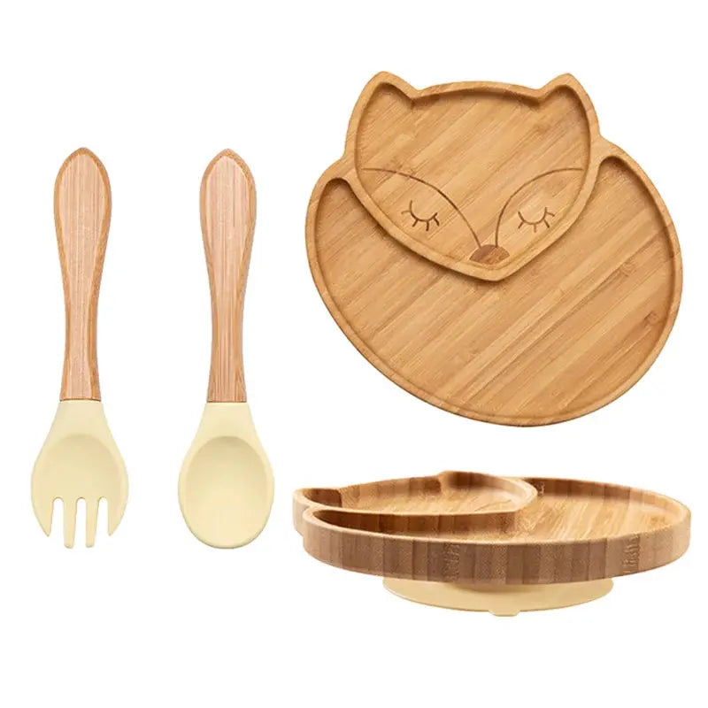 3Pcs Baby Bamboo Plate Silicone Suction Kids Wooden Feeding Tableware Non-slip Dinnerware Baby Tableware for Baby Birthday Gift Nova Trendz