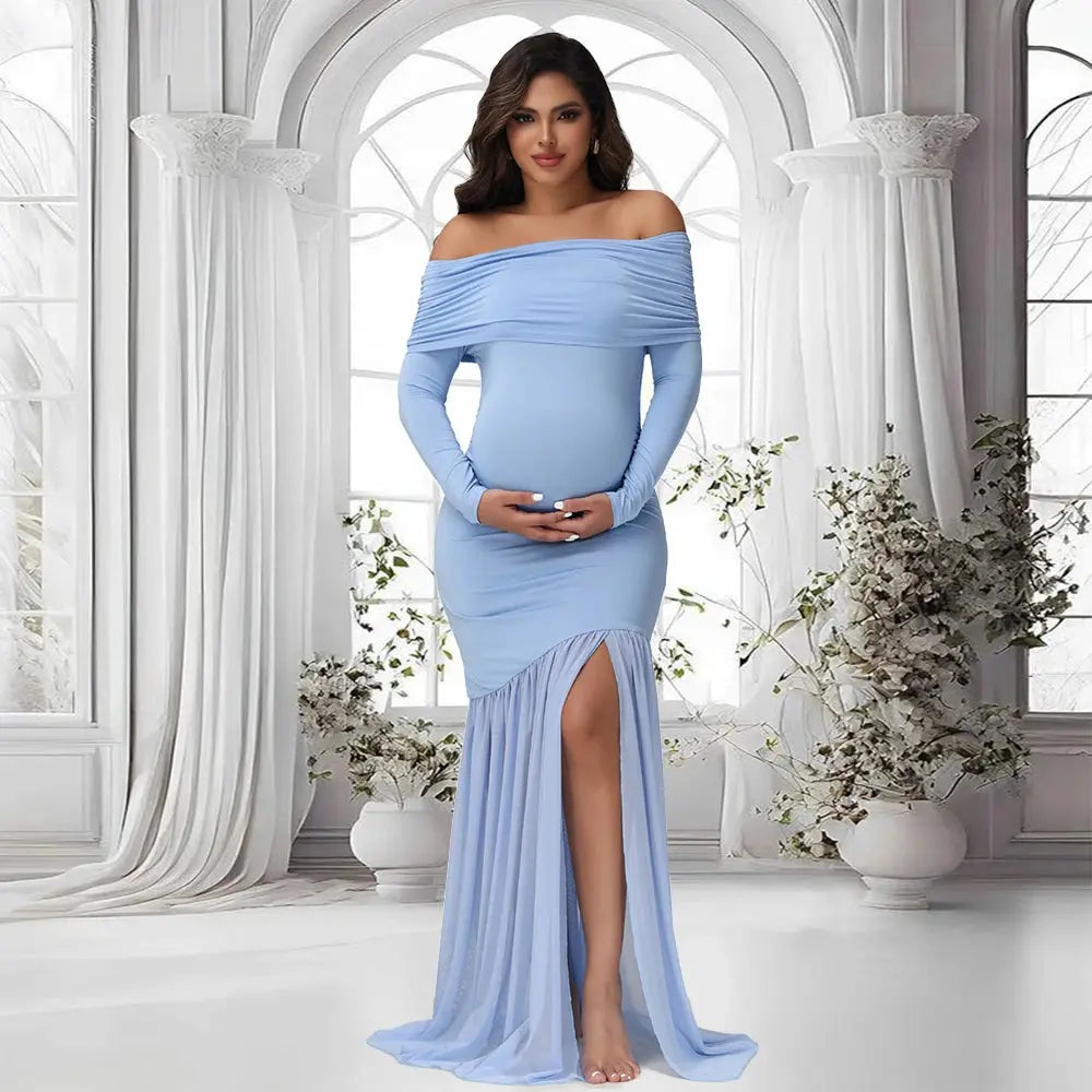 Maternity Dresses Photoshoot Off-Shoulder Slits Fishtail Hem Baby Shower Clothes For Pregnant Woman Evening Party Elegant Gown Nova Trendz