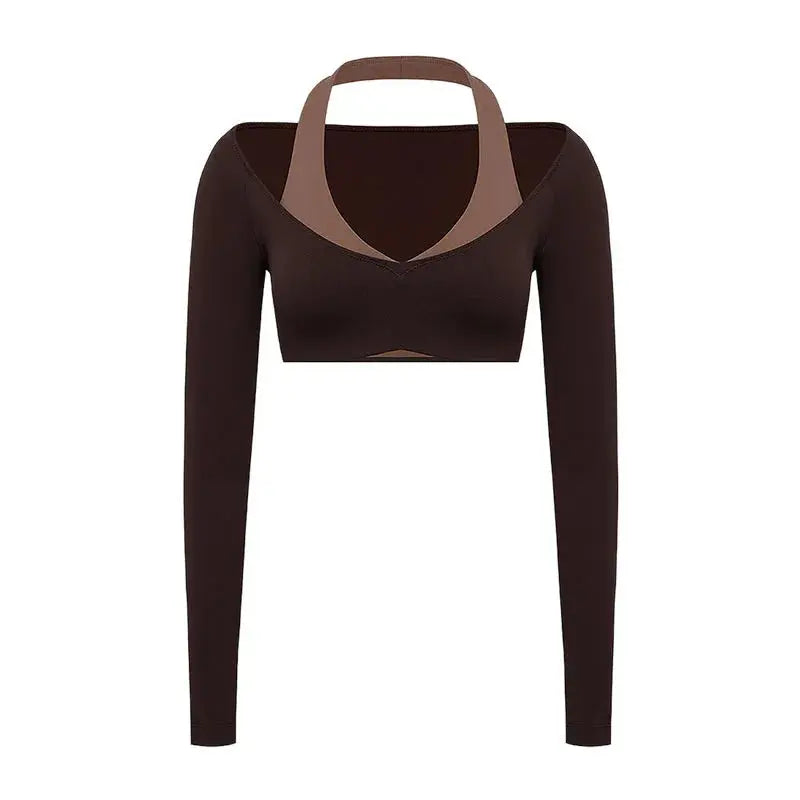 Women's Fake Two-Piece Sports Long Sleeve Halter Neck Pilates Yoga Shirt Slim Fit Fitness Sports Top Leggings Workout Tights - Nova Trendz