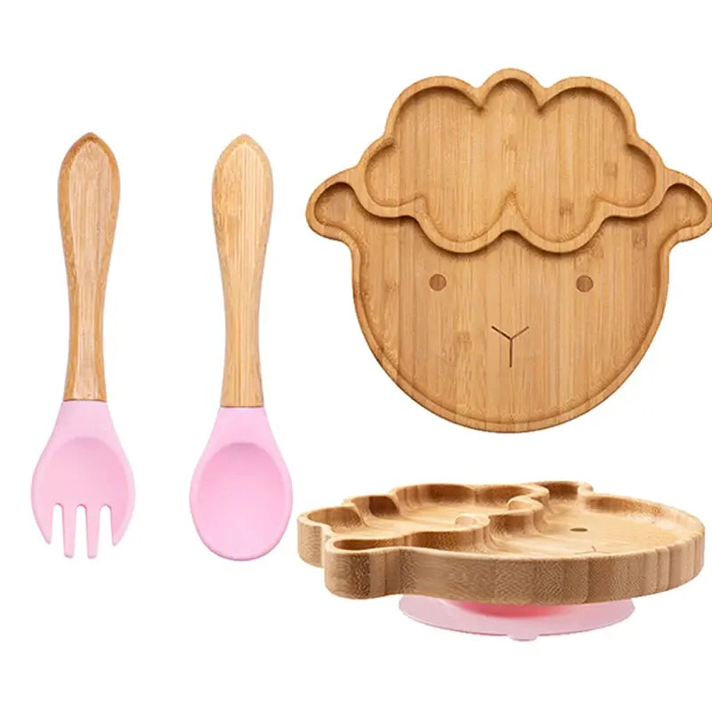 3Pcs Baby Bamboo Plate Silicone Suction Kids Wooden Feeding Tableware Non-slip Dinnerware Baby Tableware for Baby Birthday Gift Nova Trendz