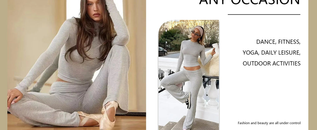 Women's Yoga Two-Piece Set Long-Sleeve Wide-Leg Activewear Set Casual Home Yoga Set Coordinated Set Nova Trendz