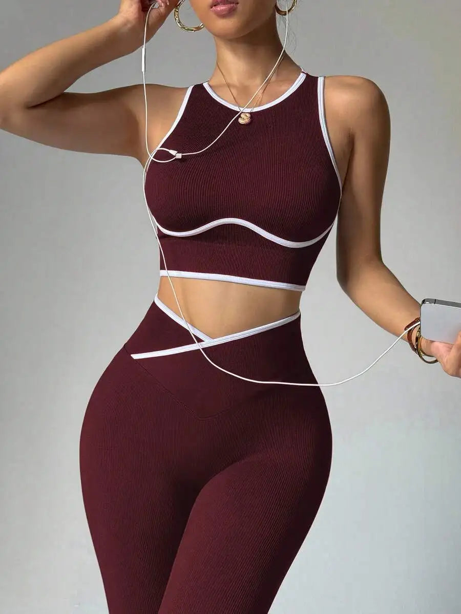 Contrast Trim Hollow Back Camisole And Leggings 2 Piece Sports Suit Breathable Slim Fitness Yoga Workout Tracksuit For Women Nova Trendz
