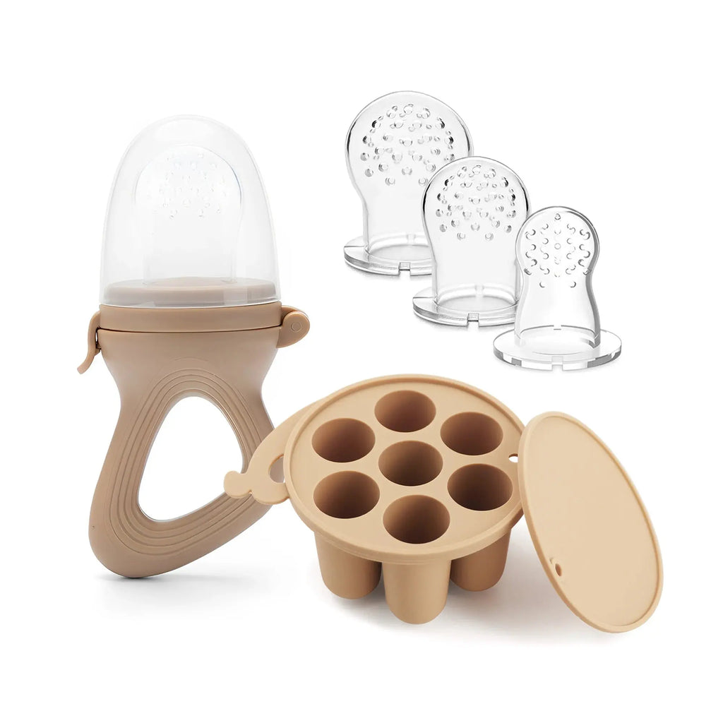 Baby Fruit Feeder Teether Pacifier with Baby Food Freezer Tray Set Silicone Freezable Teether for Fruit Purees Self Feeding Nova Trendz