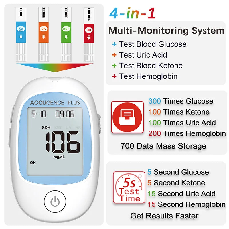 Blood Ketone Hemoglobin Uric Acid Blood Glucose Test Strips Test Strips for PM800 4 in 1 Meter Diabetes Gout HB Anemia Monitor