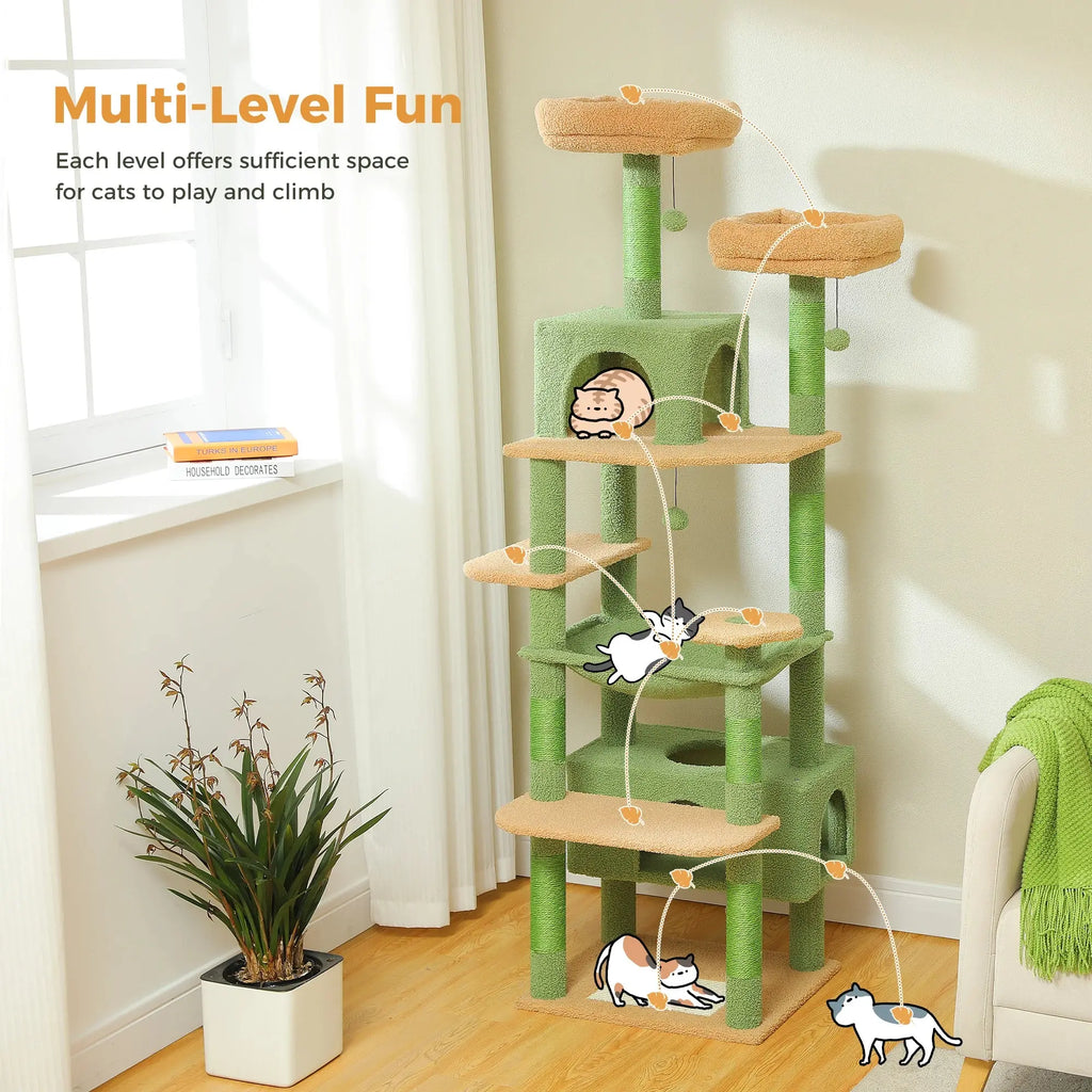 184cm Large Cat Tree Tower for Indoor Cats With Sisal-Covered Scratching Posts Spacious Hammock Padded Perches and Condos Green - Nova Trendz