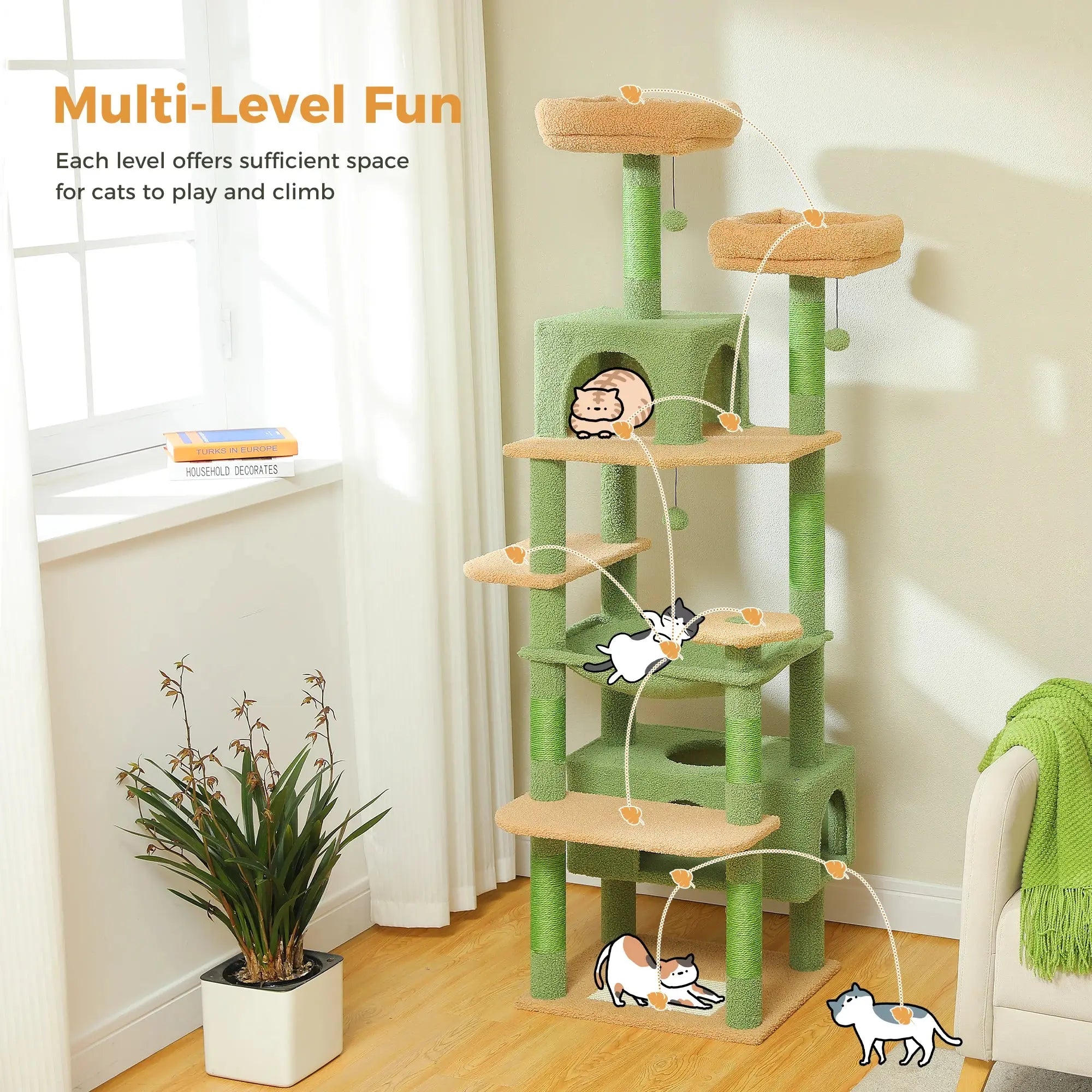 184cm Large Cat Tree Tower for Indoor Cats With Sisal-Covered Scratching Posts Spacious Hammock Padded Perches and Condos Green - Nova Trendz