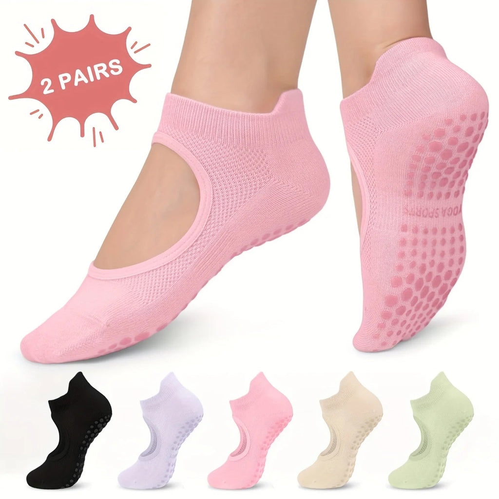 2 Pairs Non-Slip Pilates Socks for Women, Grippy Open-Top Yoga Socks, Breathable Barre Dance Athletic Socks Nova Trendz