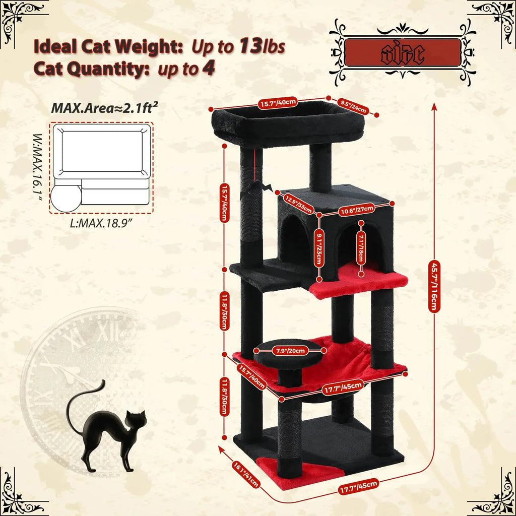 Gothic Cat Tree for Indoor Cats, Tall Cat Tower with Super Large Hammock, Sisal Covered Scratching Post Cozy Condo Top Perch - Nova Trendz