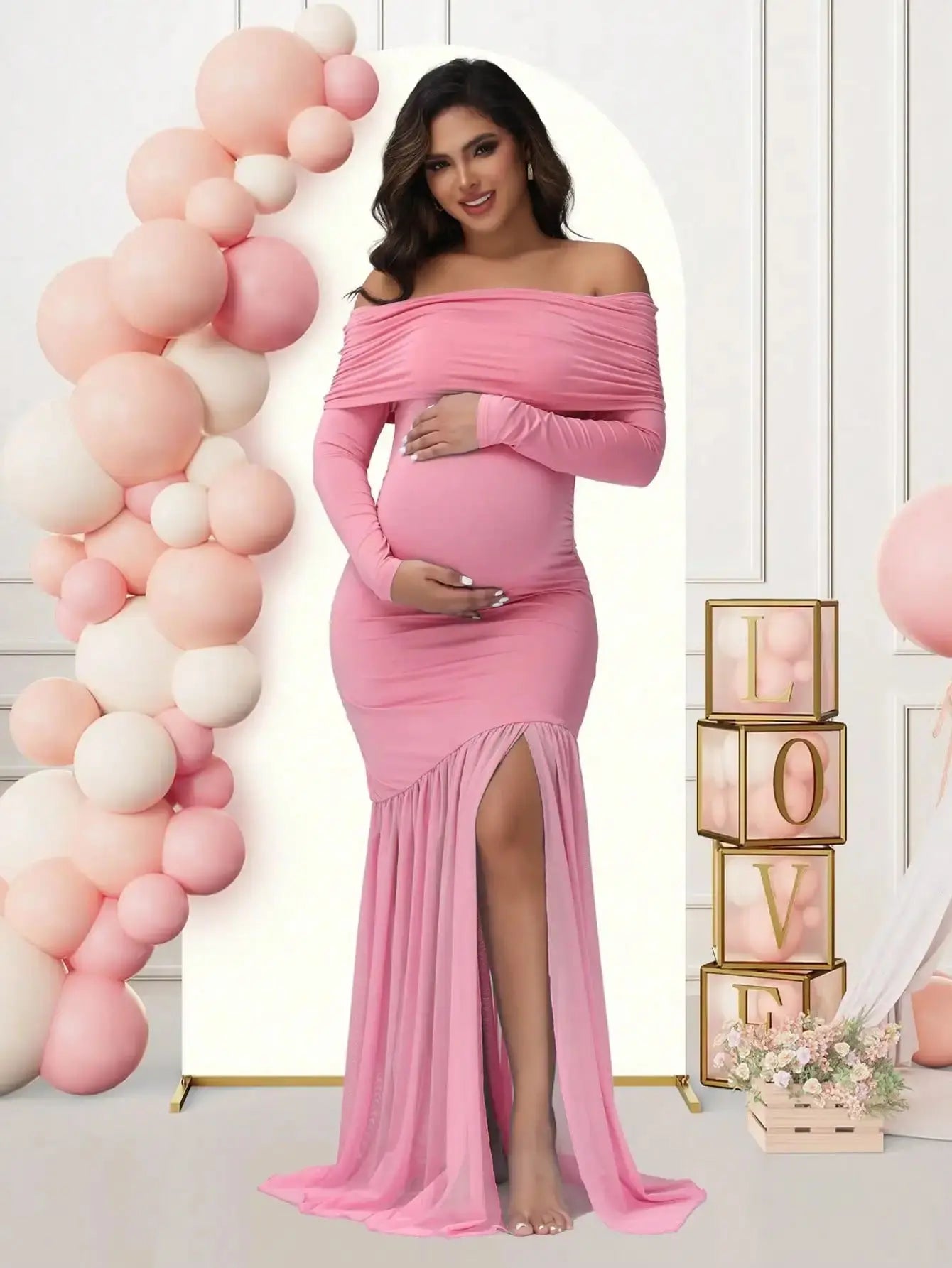 Maternity Dresses Photoshoot Off-Shoulder Slits Fishtail Hem Baby Shower Clothes For Pregnant Woman Evening Party Elegant Gown Nova Trendz