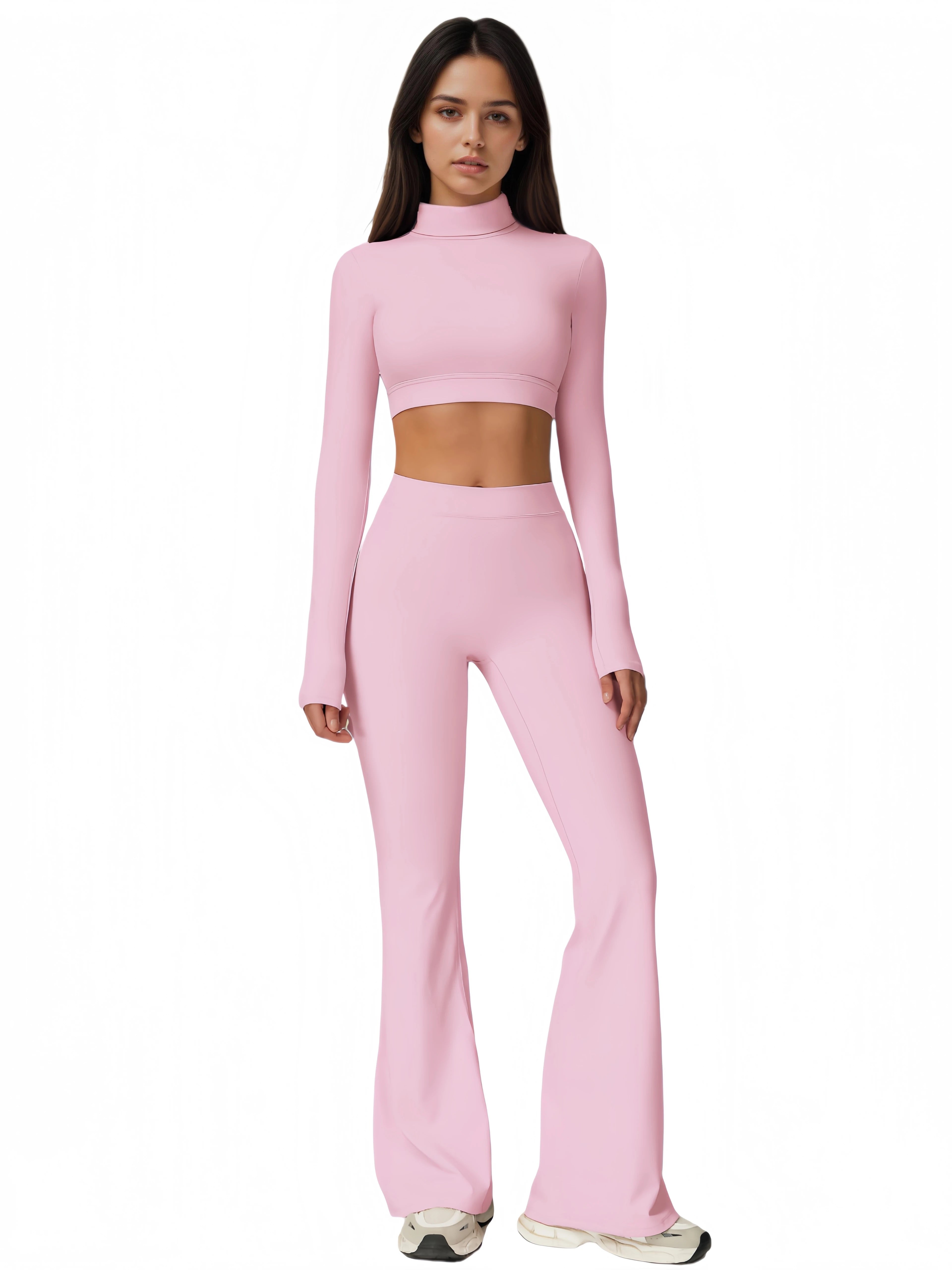 Women's Turtleneck Long Sleeve Yoga Set Back Cutout Flare Pants with Removable Pads Tummy Control Butt Lifting Gym Outfit Nova Trendz
