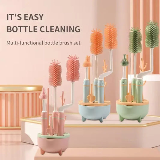 4Pcs Silicone Baby Bottle Brush Long Handle Cleaning Set 360 Degree Rotating Cleaner Nipple Brush Set Feeding Bottles Cleaner