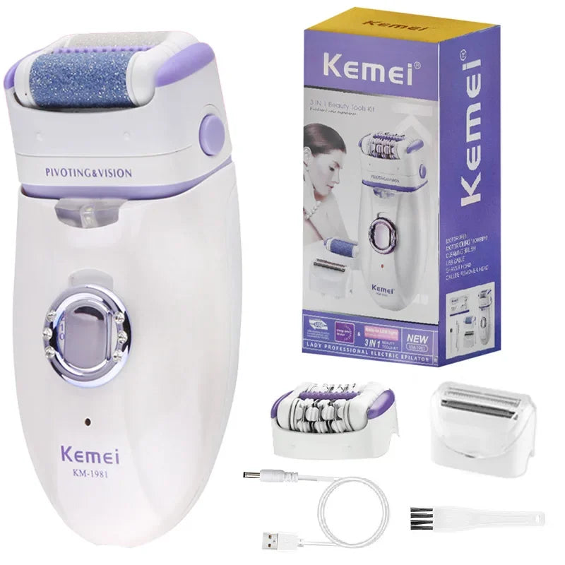 Kemei 3in1 Women Epilator Electric Shaver Facial Body Hair Removal Lady Leg Bikini Trimmer Hair Remover Underarms Rechargeable