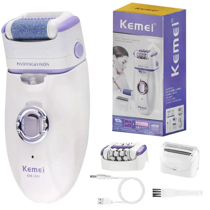 Kemei 3in1 Women Epilator Electric Shaver Facial Body Hair Removal Lady Leg Bikini Trimmer Hair Remover Underarms Rechargeable Nova Trendz