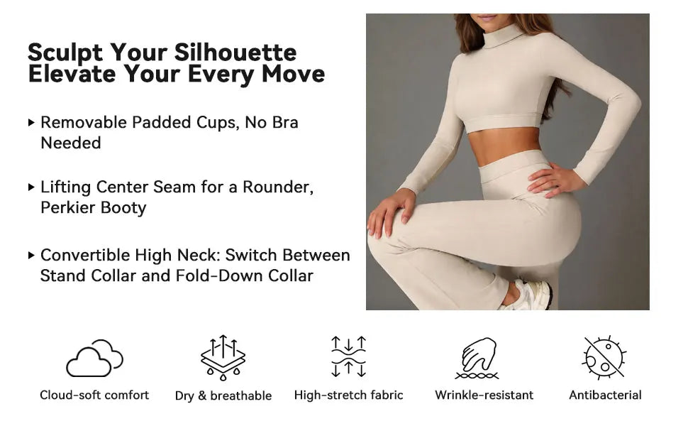 Women's Turtleneck Long Sleeve Yoga Set Back Cutout Flare Pants with Removable Pads Tummy Control Butt Lifting Gym Outfit Nova Trendz