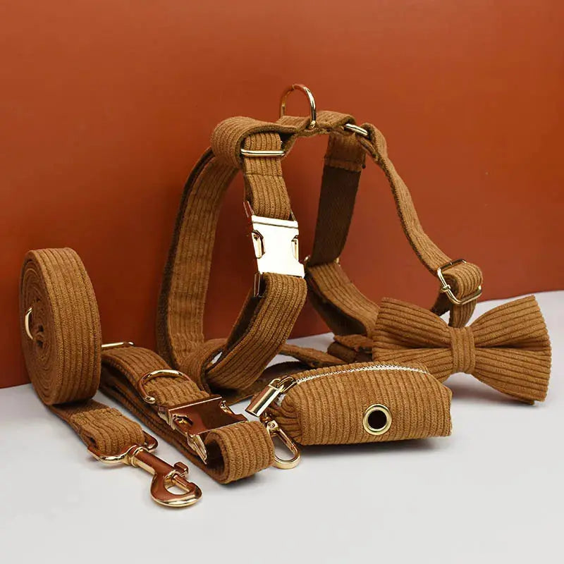 Caramel Corduroy Dog Collar And Leash Set For Dogs Custom Engraved Nameplate Pet Supplies Dog Leash Corduroy01 - Nova Trendz