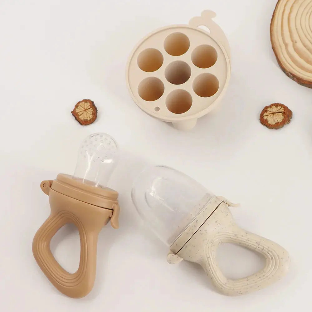 Baby Fruit Feeder Teether Pacifier with Baby Food Freezer Tray Set Silicone Freezable Teether for Fruit Purees Self Feeding Nova Trendz
