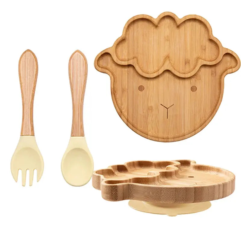 3Pcs Baby Bamboo Plate Silicone Suction Kids Wooden Feeding Tableware Non-slip Dinnerware Baby Tableware for Baby Birthday Gift Nova Trendz