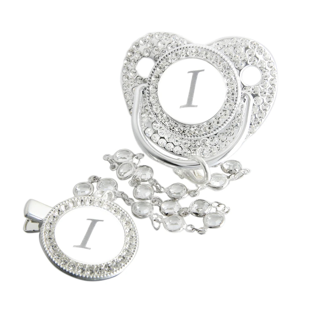 Initial Letter Siliver Baby Pacifier With Colorful Gem BPA Free Luxury Silver Dummy Soother Chupeta Weaning Pacifier
