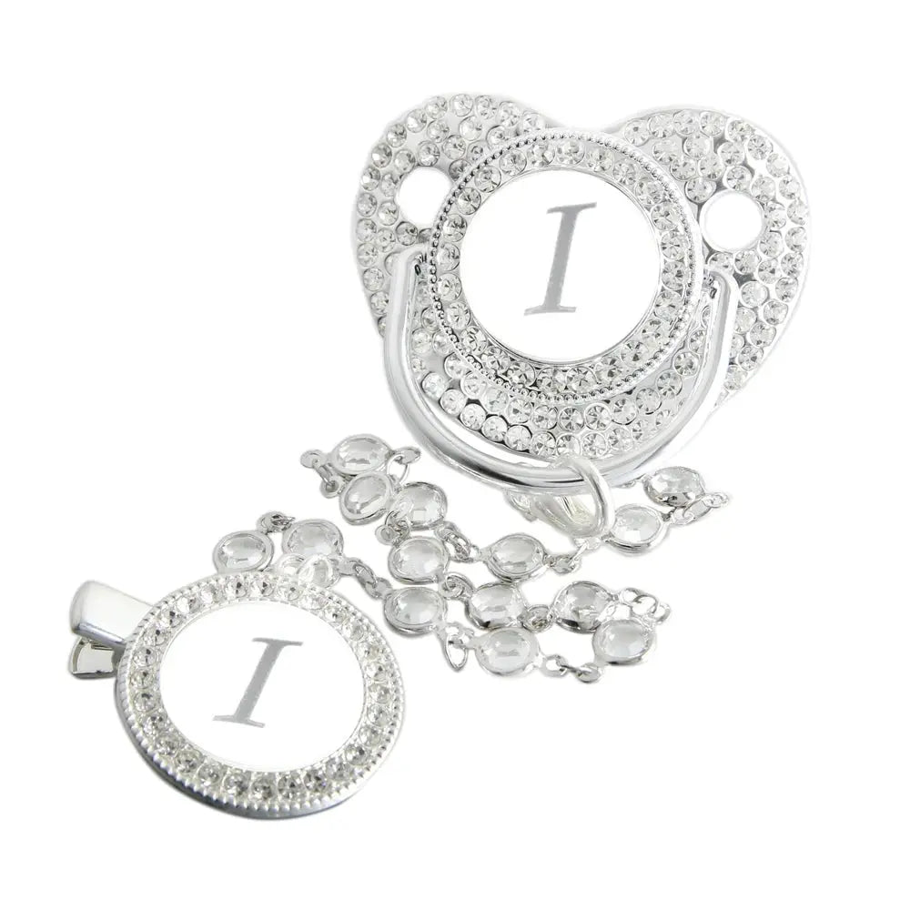 Initial Letter Siliver Baby Pacifier With Colorful Gem BPA Free Luxury Silver Dummy Soother Chupeta Weaning Pacifier Nova Trendz